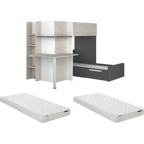 Letto a castello ad angolo con scrivania 2 x 90 x 190 cm Grigio, Bianco e Nero + Materasso - SAMUEL (1/5)