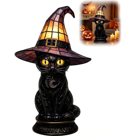 Lampe Chapeau de Sorcière Chat Noir - Lampe Gothique pour Halloween - Décoration de Table Ambiance - Idéale pour les fêtes en intérieur (1/2)