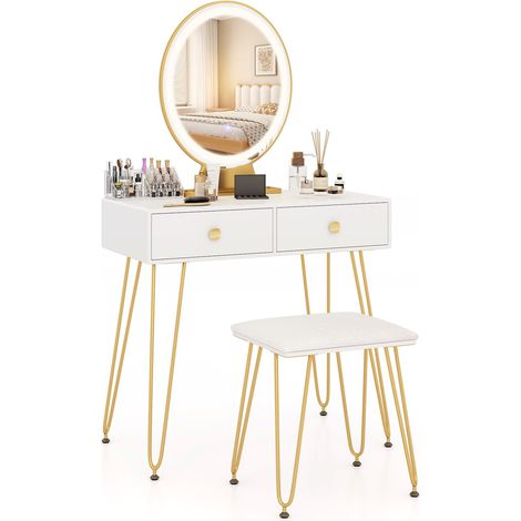 COSTWAY Vanity Table & Stool Set Bedroom Mirrored Makeup Dressing Table Desk (1/5)