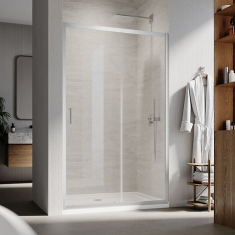 ELEGANT Aluminum Frame Sliding Shower Door 6mm Toughened Glass Shower Screen Panel Reversible Shower Enclosure, 1400mm