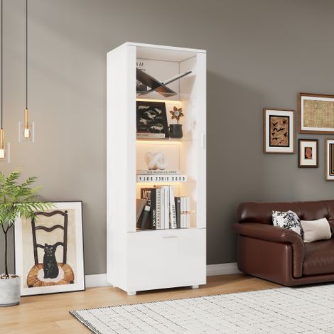 Vitrine haute à leds, porte en acrylique, 3 étagères en verre trempé, blanc brillant, 50x40x160 cm (1/5)