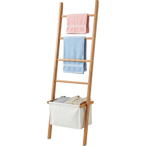 Relaxdays Handtuchleiter, 4 Sprossen, Wäschekorb, HxB: 170 x 50 cm, Walnussholz, Badezimmer, Wäscheleiter, natur/beige (1/5)