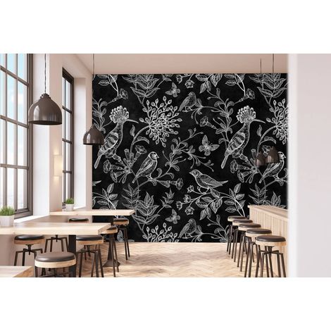 Papier peint panoramique à motifs fleurs et oiseaux | Tapisserie panoramique fleurie sur fond noir | Papier peint panoramique pour chambre d'adulte - 270 x 400 cm (4 pièces) (1/5)