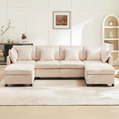 Canapé d'angle modulable 6 places – Tissu chenille doux – 2 repose-pieds mobiles – Dimensions 278x161x81cm – 6 coussins inclus