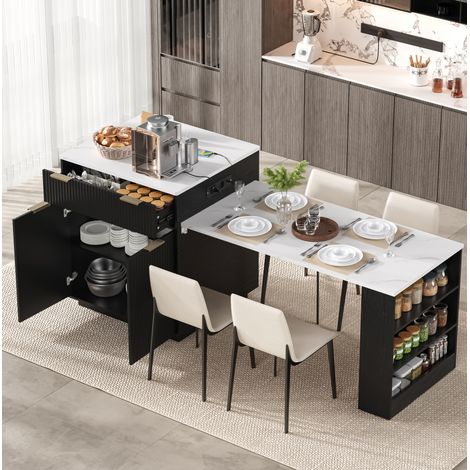 Îlot de cuisine extensible avec table à manger, éclairage LED, prises USB et Type-C, tiroirs et étagères réglables, meuble MDF noir multifonctionnel, 127,5 à 205 cm - CHICFURN (1/5)