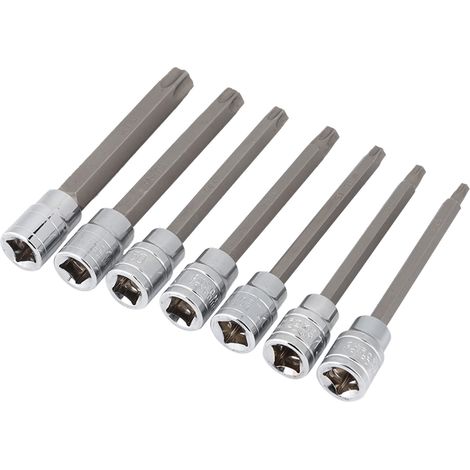 Jeu de 7 douilles Torx étoile extra-longues, entraînement 3/8 pouce, pour vis cruciformes, coffret acier chromé, usage professionnel. (1/5)