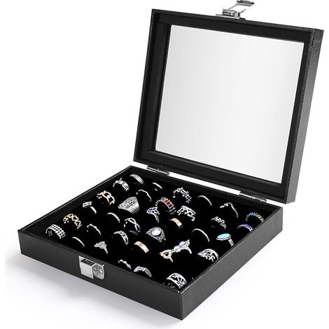 Boîte de rangement pour bijoux, boîte de rangement transparente pour bagues pour femmes et filles (noir, 36 emplacements)
