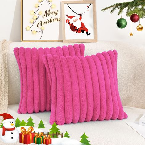Lot de 2 Housses de Coussin en Peluche Douce 35x35cm, Housse Decorative a Rayures Moelleuses pour Canape et Chambre, Rose Fuchsia (Sans Rembourrage) (1/5)