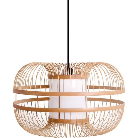 LED Lampe suspendue de plafond en bambou japonais en osier avec abat-jour en cage tressée style nordique blanc avec douille noire E27 pour salon cuisine Ø40cm K179-N (1/5)