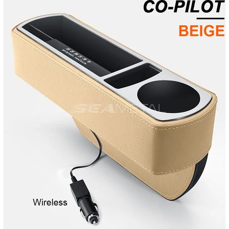 (Beige Wireless R) Organisateur de siège auto avec chargeur USB/sans fil, boîte de rangement pour accessoires de voiture, rangement pour fentes et autres accessoires. (1/5)