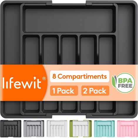 Range Couverts pour Tiroir, Plateau d'Ustensiles Extensible, Organisateur de Cuisine Réglable, Rangement Compact pour Contenir des Cuillères, Fourchettes, 33-57 x 38 cm, Lot de 1,Noir (1/5)