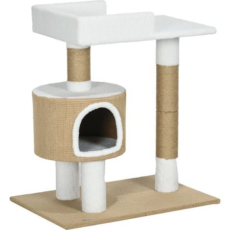 Árbol rascador para gatos de 79 cm con caseta y cama de yute marrón y blanco (1/5)