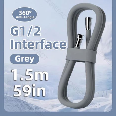 Pommeau de douche haute pression (gris, 1,5 m) avec bouton d'arrêt automatique, réglable et économe en eau, douchette universelle pour salle de bain. (1/5)
