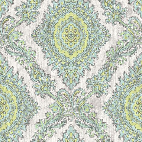 Wallquest Villa Rosa Damask Green Wallpaper Floral Classic Acrylic Coated (1/4)