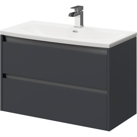 City Gloss Grey 800mm Wall Mounted 2 Drawer Vanity Unit and Curved Basin with 1 Tap Hole (1/5)