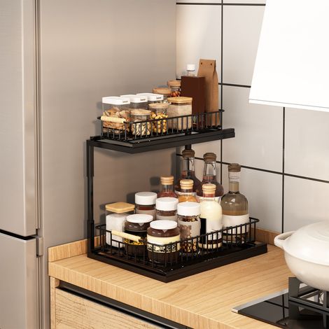 Étagère sous évier multifonctionnelle, extensible, double niveau, pour ranger les épices, pour salle de bain et cuisine, noire (1/5)
