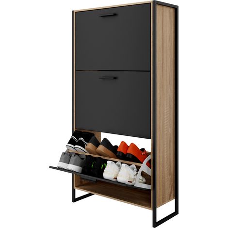 CASABEL Meuble A Chaussure Industriel 18 Paires, Pour Entrée, Couloir - Noir Bois Clair