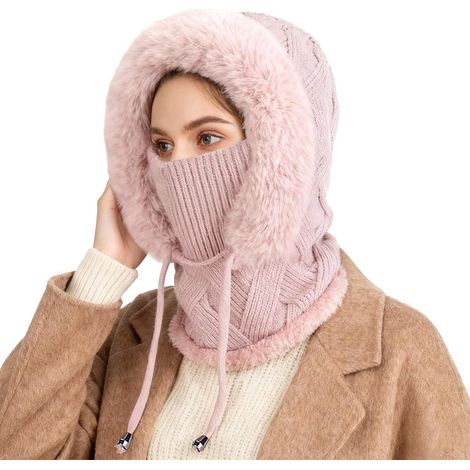 Strickmütze Damen 3-in-1 mit Fleecefutter & Sturmhaube Rosa (1/5)