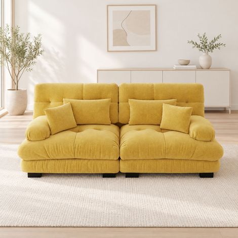 Canapé 2 places en chenille jaune 220 cm, style nuage, assise profonde, 2 coussins lombaires et 2 coussins déco, cadre bois massif (1/5)