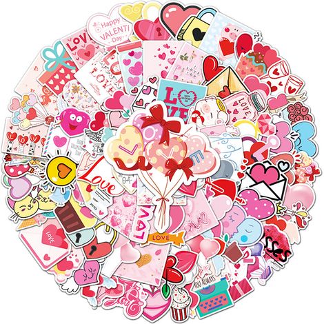 100 autocollants d'amour pour la Saint-Valentin, en PVC imperméable, pour ordinateur portable, skateboard, guitare et vélo. (1/5)