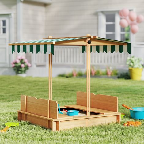 Sandkasten 106x106 cm Kinder Sandbox aus Holz mit höhenverstellbar Abdeckung Sitzbänken Rücklehnen Hellbraun