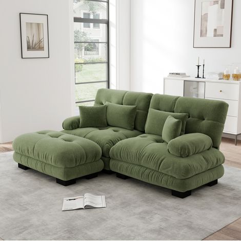 Canapé modulable vert en chenille avec ottomans mobiles, accoudoirs larges et coussins de soutien (1/5)