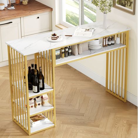 Mesa alta con almacenamiento 140 x 40 x 105 cm, efecto mármol, metal dorado HAVRYA (1/5)