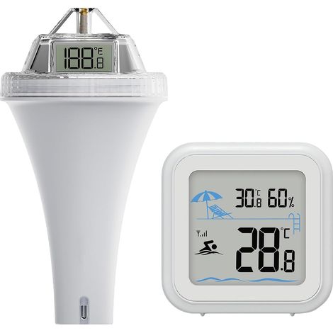 Thermomètre de piscine numérique sans fil, grand écran Portée de 60 m, vue à 360 °, étanche IPX7, capteur de haute précision, adapté aux piscines, baignoires (1/5)