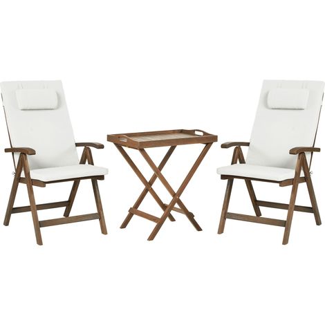 Ensemble de Bistrot de Jardin Rustique en Bois d'Acacia 2 Places Table et Chaises Réglable Pliable avec Coussins Blanc Cassé Amantea Premium