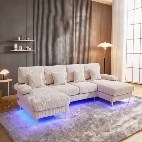 Canapé d'angle U en velours beige avec éclairage LED et port (1/5)