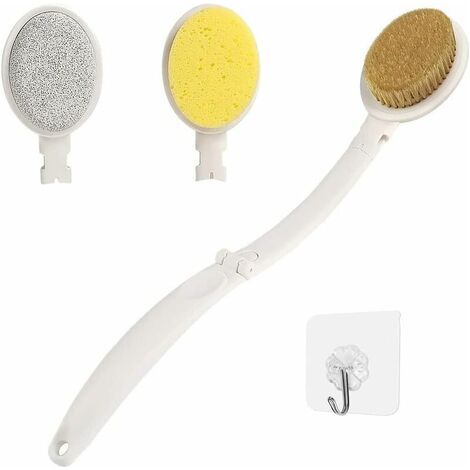 Brosse De Bain - Manche Long Et Pliable - Tête En Soies Naturelles + Éponge Fibreuse + Pierre Ponce - Pour Exfoliation Corps Dos Pieds - Lot De 1
