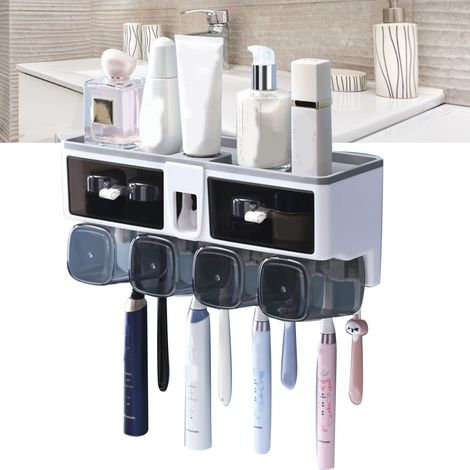 Étagère murale sans perçage pour brosses à dents, porte-gobelets pour bain de bouche, support de rangement pour toilettes, blanc, 4 gobelets (1/5)
