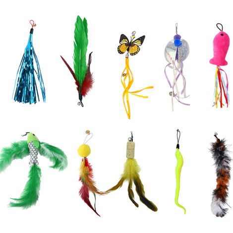 10 têtes de rechange pour baguette magique pour chat, en peluche et plumes, multicolores, pour stimulation ludique et instinct de chasse (1/5)