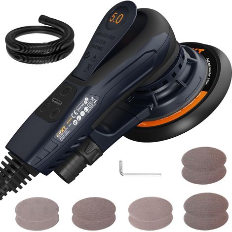 MAXXT Bürstenloser Exzenter Schleifer 230V: 5.0mm Exzentrizität, Vielseitiger Elektrischer Schleifer mit einstellbarer Geschwindigkeit und 10 Schleifscheiben, 150mm Backing Pads, für Holzoberflächen