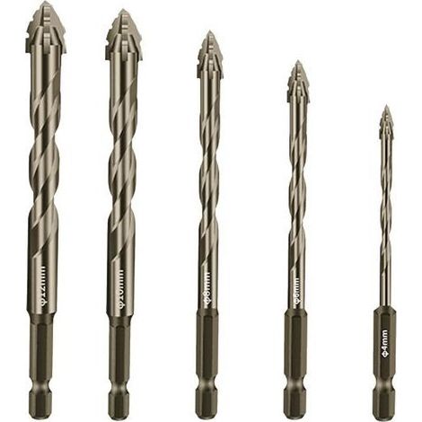 Lot de 5 forets hélicoïdaux excentriques haute résistance pour béton, verre, brique, ciment, bois, etc. Forets en carbure de tungstène de résistance industrielle, taille de la pointe 5/32-1/2 (1/5)