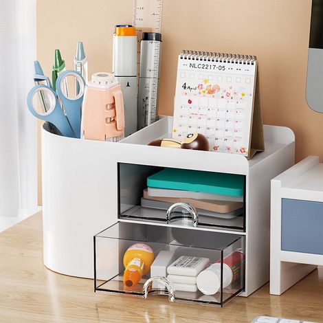 Organisateur De Maquillage - Tiroirs Intégrés - Pour Table De Toilette Ou Bureau - Plastique Blanc - 18 x 9,5 x 10,5 cm - 1 Pièce (1/5)