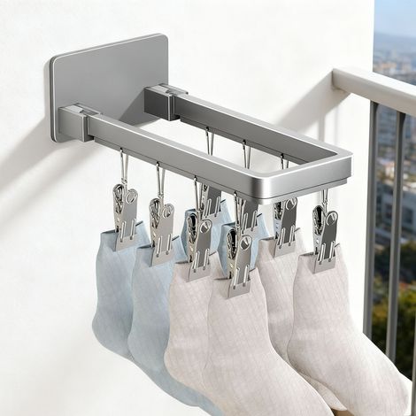 Porte-chaussettes mural pliable antivent 8 pinces zinc allié (23,3cm) - Séchage sous-vêtements/serviettes compact [Socks Hanger] (1/5)