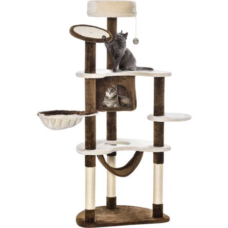 Árbol rascador XXL para gatos de 153 cm con caseta y hamaca de felpa marrón (1/5)