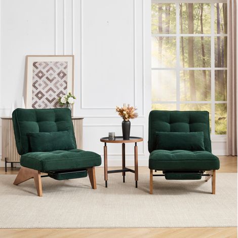 Poltrona relax reclinabile con schienale regolabile, cuscino lombare, gambe in legno massello, velluto a coste verde smeraldo (1/5)