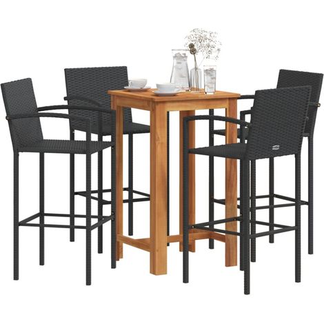 5-tlg. Gartenbar-Set Schwarz Massivholz Akazie und Poly Rattan