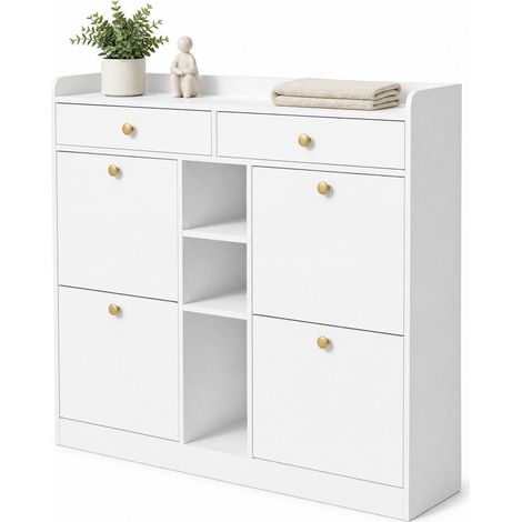 CHICFURN Meuble à chaussures blanc 4 portes abattantes 2 tiroirs 3 niches ouvertes, rangement d'entrée peu profond 110x26x100 cm pour couloir et appartement (1/5)