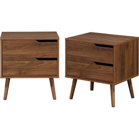 Lot de 2 tables de chevet décor bois teinté noyer. 2 tiroirs. pieds en pin massif
