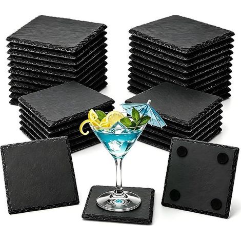 Lot de dessous de verre carrés en ardoise noire de cm - Dessous de verre en ardoise avec dessous pour la maison, le bureau, la cuisine, l'appartement, le bar, la décoration (1/3)