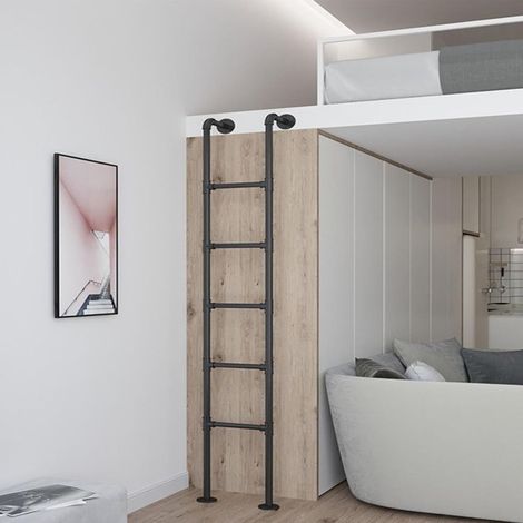 Escalera de pared de metal de hierro forjado negro de 2 m para literas, de 100 a 300 cm, para ventanas de sótano, escalera de salida de pozo para ático, biblioteca, autocaravana, apartamentos, espacio (1/5)