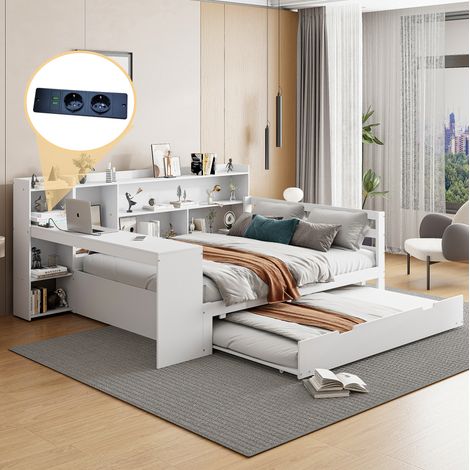 DESVIAE Lit banquette multifonction 140 x 200 cm avec lit gigogne bureau étagères rangements prises USB bois blanc (1/5)