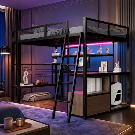 Gaming-Hochbett 140 x 200 cm aus Metall, mit Schreibtisch, LED und Stauraum, schwarz OKMYHOME (1/5)