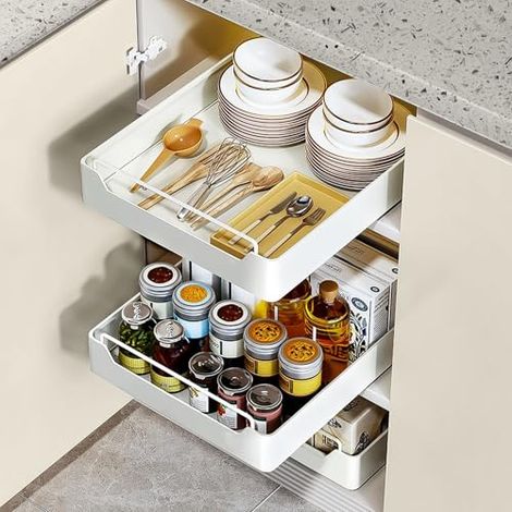 Tiroir Coulissant Cuisine, Etagere Rangement Cuisine Telescopique pour Armoires de Cuisine, Salon, Maison (30 cm L x 43 cm P x 7 cm H), Aucun Perçage Requis, Blanc