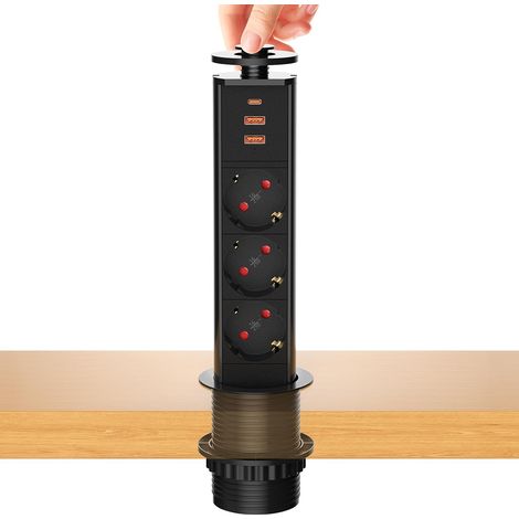 Multiprise Encastrable Bloc Prise Escamotable, Electrique 3 Prises avec USB C et 2 USB, Prise Plan de Travail Table, 4000W/16A, Ø 60mm Câble 1,8m - pour Cuisine Bureau Noir (1/5)