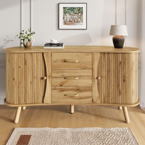 Buffet 150 cm Design Organique et Cannelé - Buffet Scandinave avec 2 Portes Coulissantes et 3 Tiroirs - Meuble de Rangement Effet Bois avec Pieds en Bois Massif - Naturel