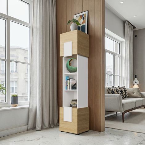 Komodee, Armoire Torino, Chêne Huile, Blanc Arctique, Largeur 39 cm x Hauteur 172 cm x Profondeur 35 cm, pour Salon, Chambre (1/5)
